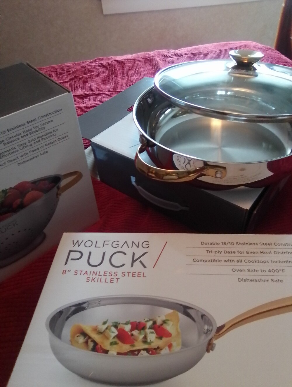 Wolfgang Puck Stainless Steel Skillet with Glass Lid - Silver and Gold Accents